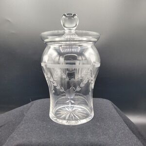 Vintage Etched Glass Jam Condiment Jar With Lid